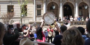 A performance by What Cheer? Brigade during the Don't Stop The Music exhibition at Providence Public Library