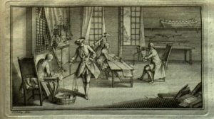 Etching depicting men working in a ship building workshop - from Providence Public Library Special Collections