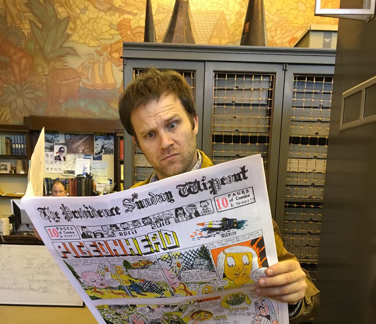 Walker Mettling, 2016 Creative Fellow, holding a copy of "The Providence Wipeout", produced during his fellowship. Walker Mettling, 2016 Creative Fellow, holding a copy of "The Providence Wipeout", produced during his fellowship.