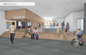Think Again: Building Transformation - rendering of the theater lobby