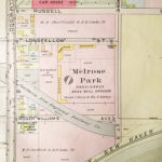 This detailed map of Melrose Park shows the location of the bleachers and grandstand, as well as the dressing room tucked at the corner of Longfellow Street and Melrose Street. ~ Date: 1918