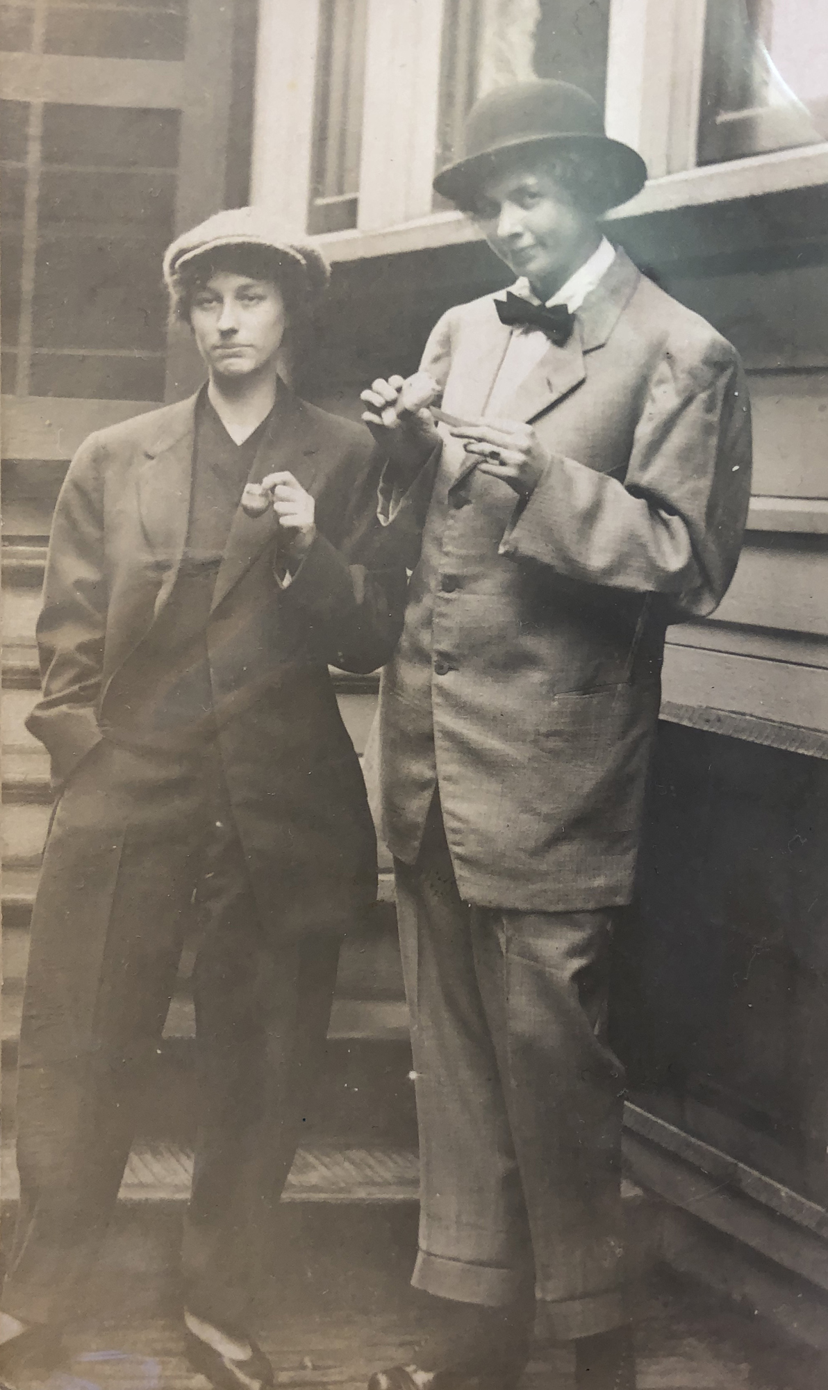 Two unidentified women dressed as men in suits. Reproduced from images in the Elizabeth West Postcard Collection, Schlesinger Library.