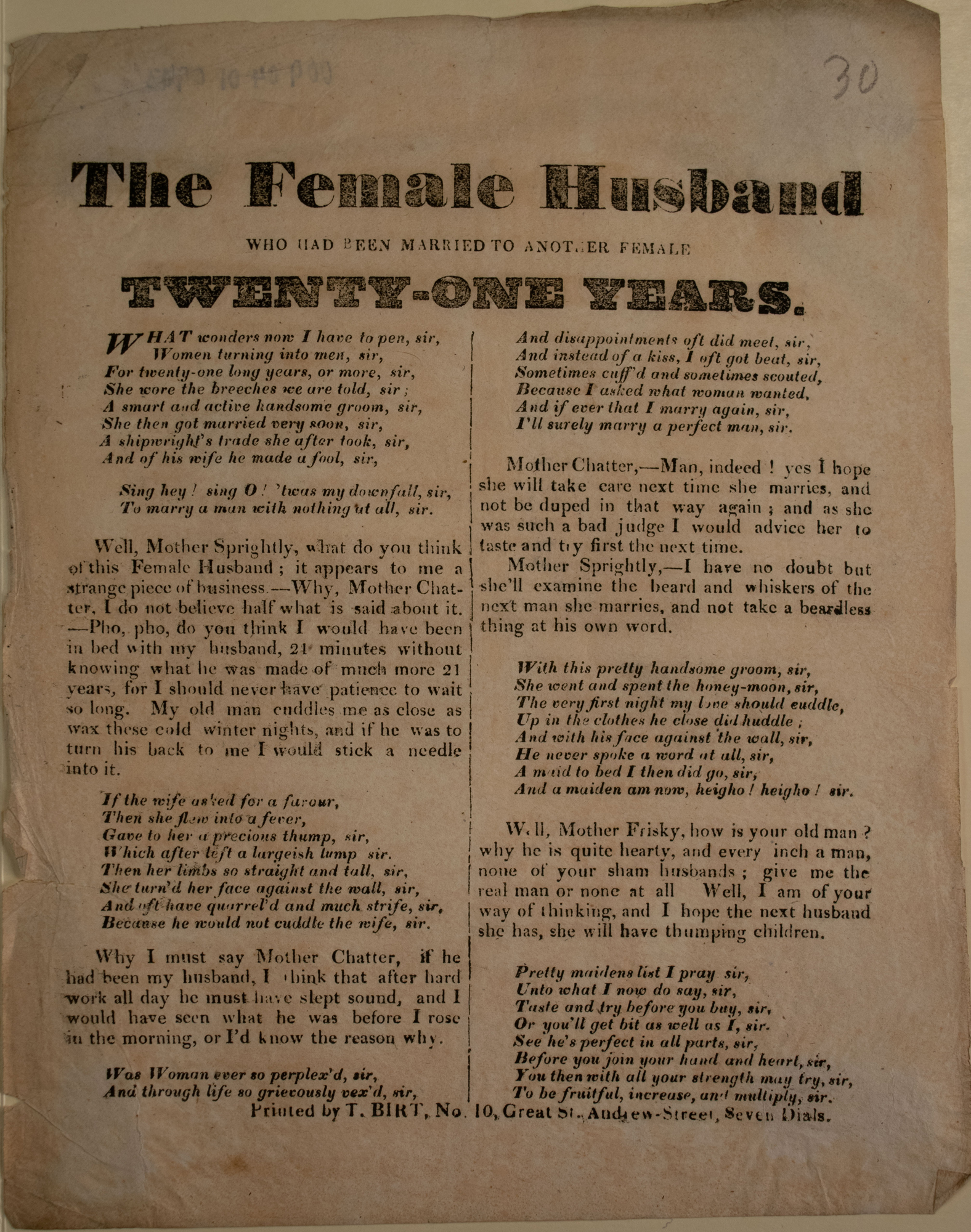Broadside ballad, 19th century. The Female Husband. Potter & Williams Collection on Irish Culture.