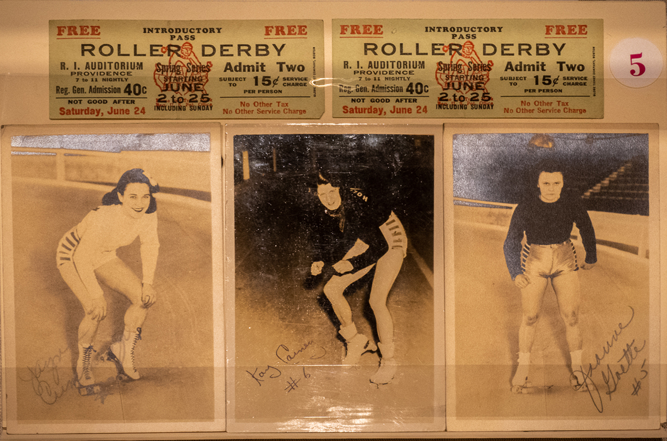 Roller Derby player portraits and tickets, circa 1950. Collection of Rhode Island roller derby ephemera.
